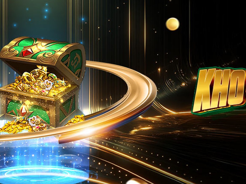 Hình ảnh kho báu rương vàng mở ra với tiền bạc và đá quý, tượng trưng cho nổ hũ 789 win